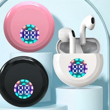 Wireless earbuds with charging case on a light blue background, featuring text about Bluetooth connectivity and battery life.